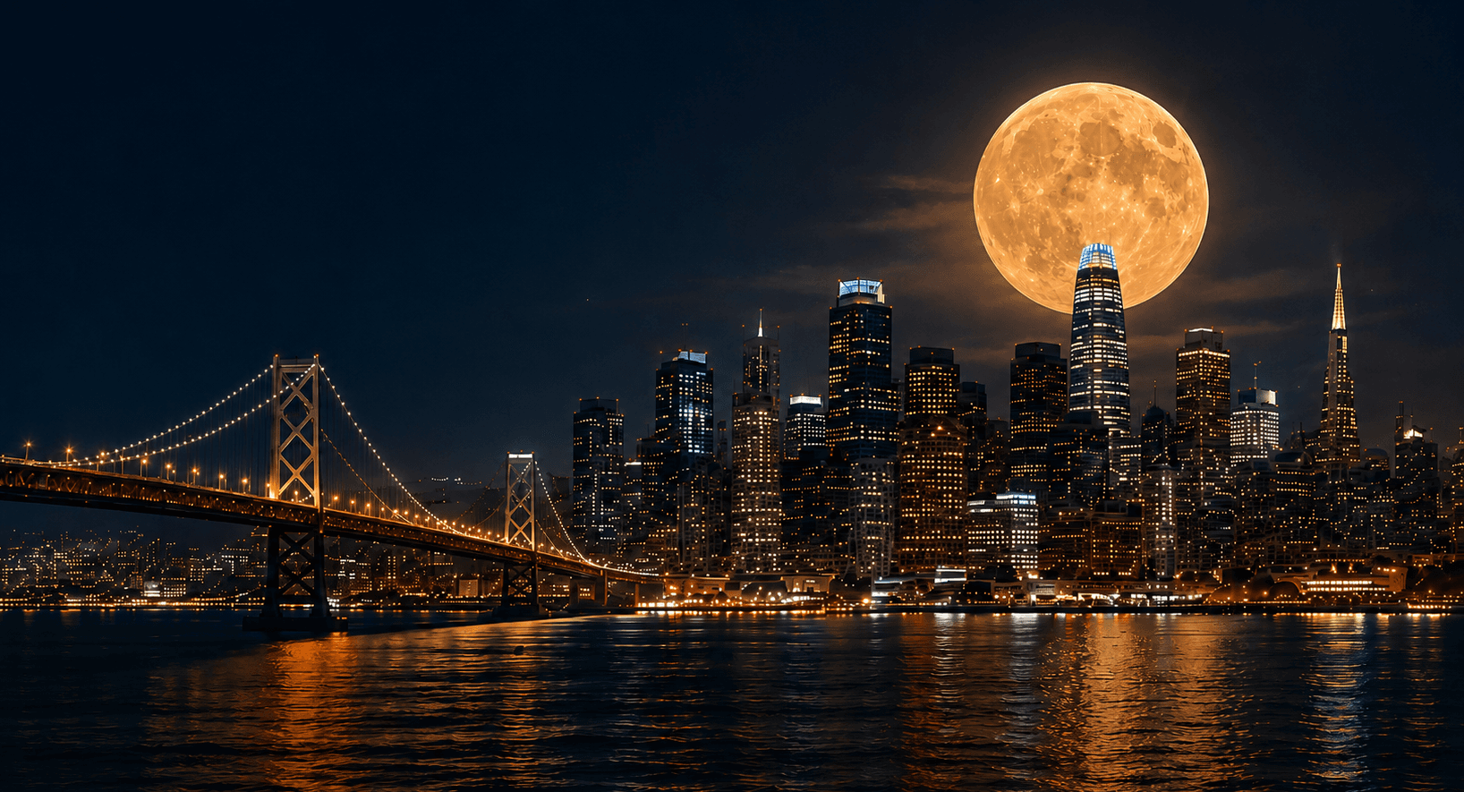 San Francisco Bay Bridge under a full harvest moon