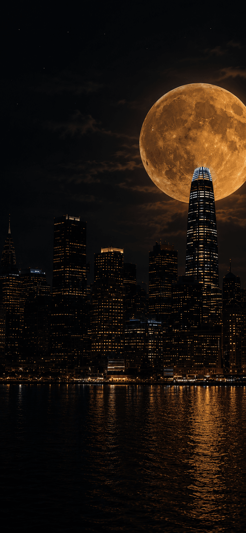A full harvest moon rising over the San Francisco skyline