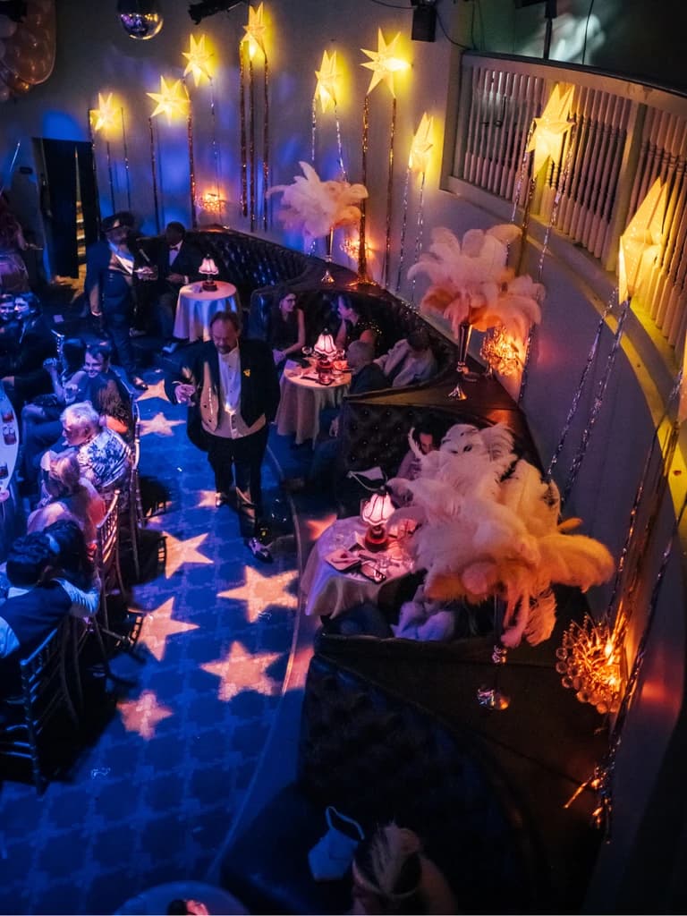 The Palace Theater balcony dressed in stars and feathers
